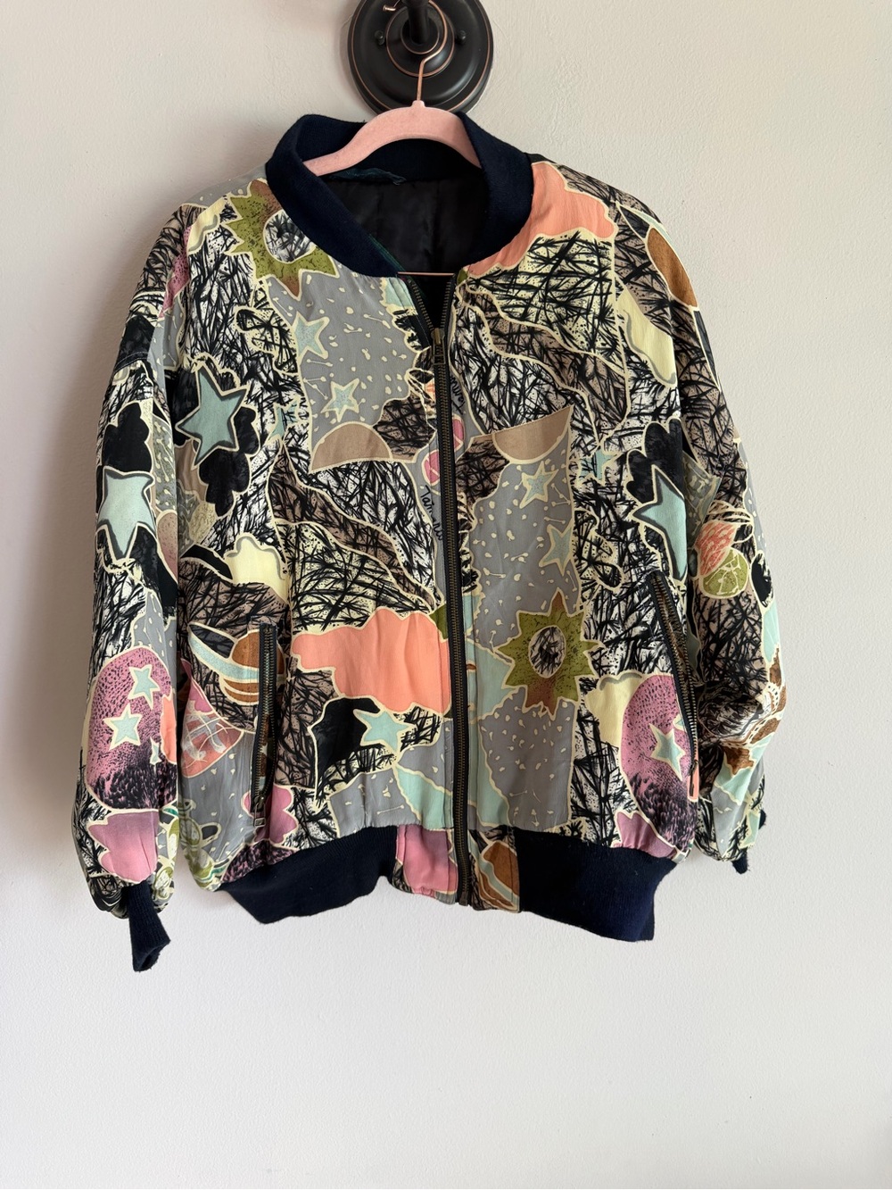 Vintage 80s/90s OBR Silk Abstract Celestial Stars Memphis Style Bomber Jacket L